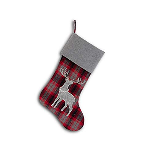 K&K Interiors 54524E 18 Inch Red and Gray Tartan Plaid Stocking with Deer Applique