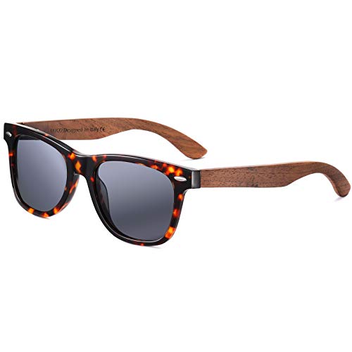 DUCO Polarized Driving Eyewear Handmade Walnut Wooden Sunglasses for Men and Women 2141 (Tortoise Frame Grey Lens)