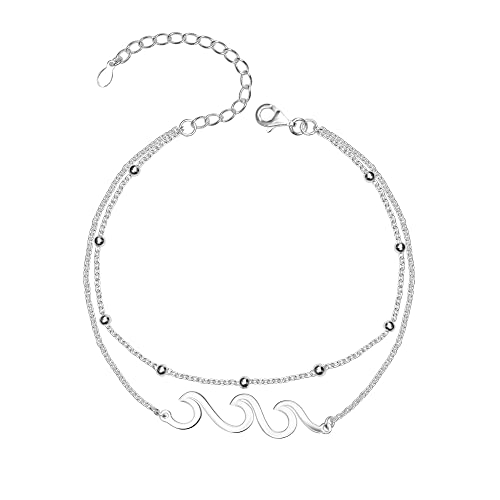 LeCalla 925 Sterling Silver Wave Ocean Sea Adjustable Anklet for Teen Women