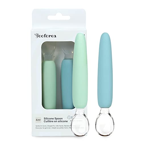 Yooforea Platinum Silicone Baby Spoons for First Stage 4 Months+ Babies Infants Toddlers I 2 PC Set Self Feeding Puree Spoons for Baby Led Weaning I 100% Food Grade Silicone I BPA BPS PVC Free