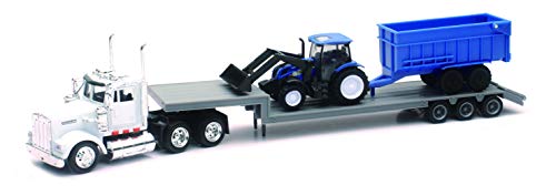 New Ray Toys Kenworth Lowboy Trailer with New Holland Construction Tractor Play Set