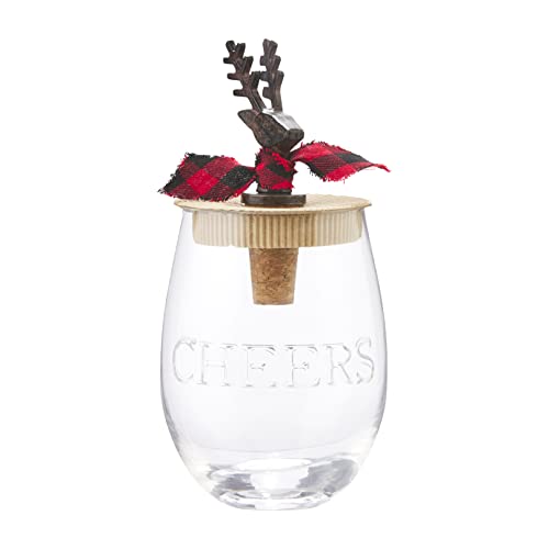 Mud Pie Holiday Wine Glass and Deer Wine Bottle Topper Set, Cheers