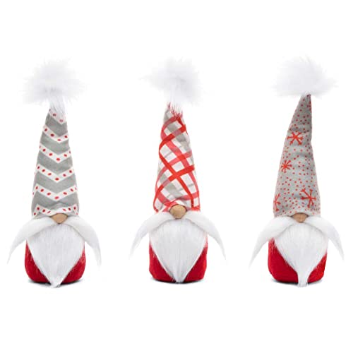 MeraVic Cheers Gnome Trio Red/Grey with Wired Hat, Fur Pom-Pom, Wood Nose and White Mustache/Beard Plaid/Chevron/Snowflake, Set of 3, 9 Inches, Christmas Decoration