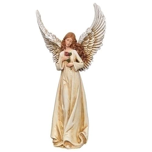 Roman 10.5" White and Brown Angel with Rose Christmas Tabletop Figurine