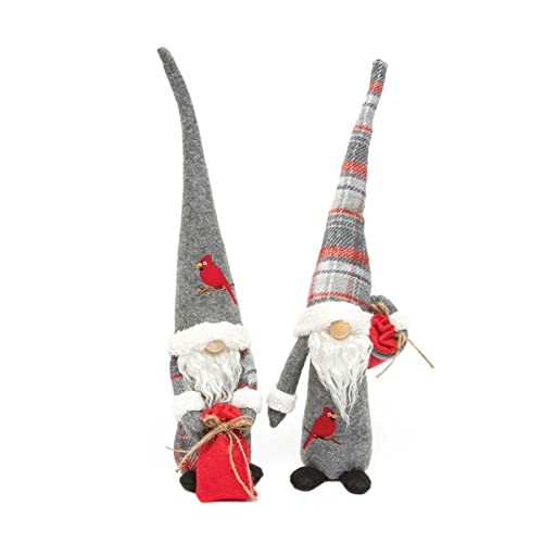 MeraVic Cardinal Heave & Ho Gnome with Grey and Red Plaid, Wood Nose, White Beard and Red Bag Tied with Twine, 16 Inches, Set of 2, Small - Christmas Decoration