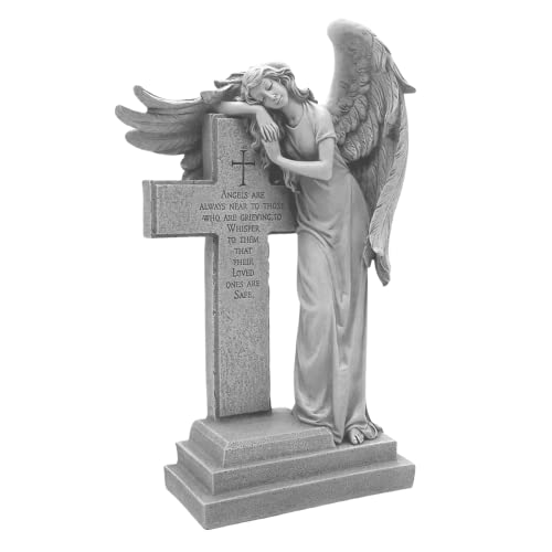 Napco 13459 Angel Resting on Cross Statue, 14-inch High, Resin