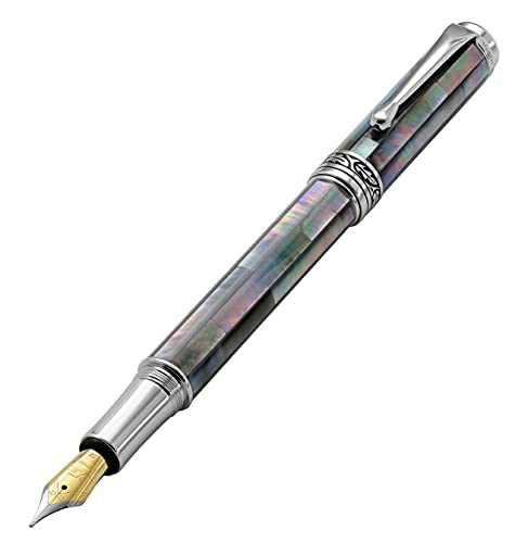 Xezo Maestro Medium Nib Fountain Pen Handcrafted with Black Mother of Pearl. Platinum Plated. Limited Edition, Serialized. No Two Pens Alike