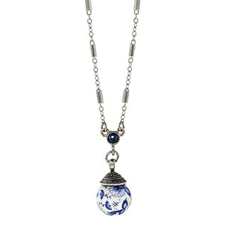 1928 Jewelry Round Blue Willow Beaded Crystal Accent Drop Necklace 16" + 3" Extender