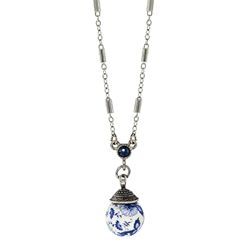 1928 Jewelry Round Blue Willow Beaded Crystal Accent Drop Necklace 16" + 3" Extender