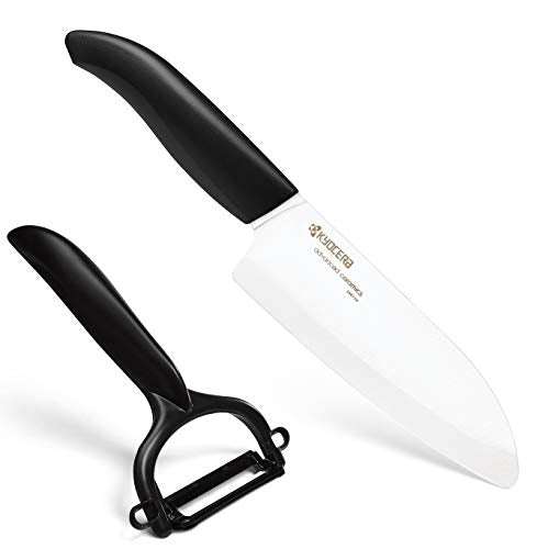 Kyocera Advanced Ceramic Revolution Series 5-1/2-inch Santoku Knife and Y Peeler Set, Black