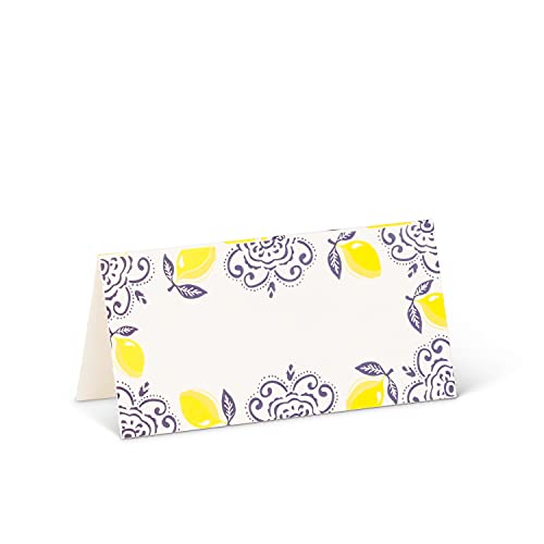 Abbott Collection  27 Sorrento Lemon Print Folded Placecards. 12 Pieces, White/Yellow