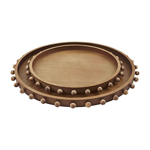 Mud Pie Wood Beaded Tray Set, Brown, Large, 22-inch Diameter