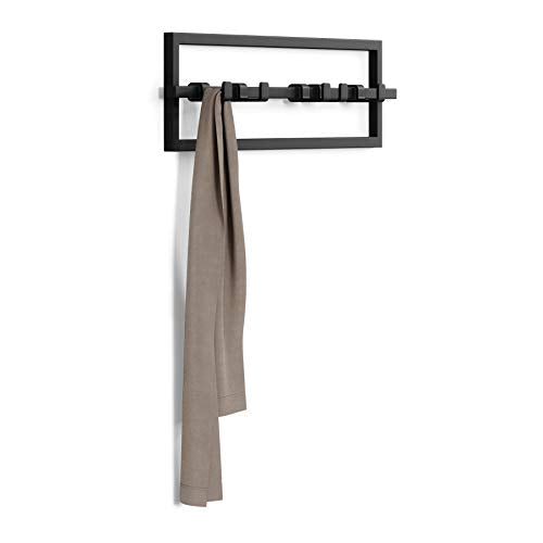 Umbra Cubiko Wall Mounted Modern, Sleek, Space-Saving Hanger with Retractable Hooks to Hang Coats, Scarves, Purses and More, 5, Black