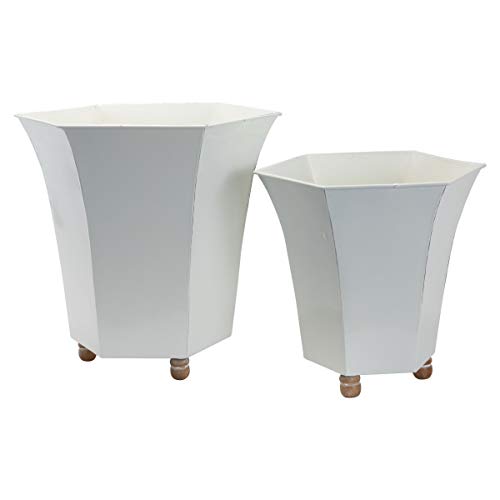 Foreside Home & Garden Set of 2 White Enamel Metal Planter with Wood Bead Feet