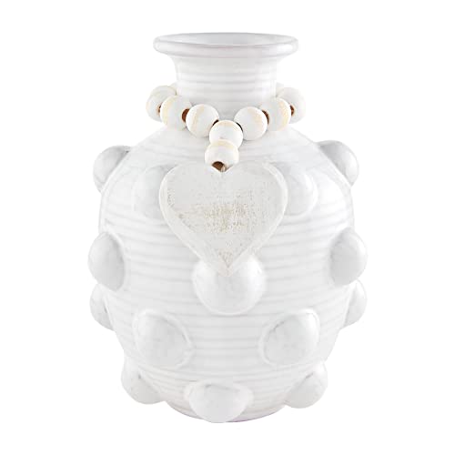 Mud Pie Heart Beaded Ceramic Vase, 7.5" x 5", White, Terracotta