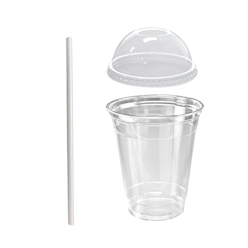 DHG Professional 12oz Crystal Clear Plastic Cups With Dome lids and Paper Straws - For Summary Beverage (50)