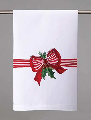 Peking Handicraft 04SERX94WC Red and White Ribbon Holiday Kitchen Towel, 25-inch Long, Cotton