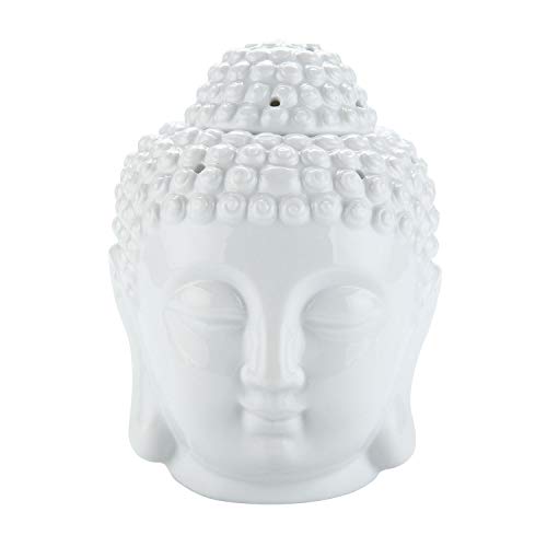 T4U Ceramic Buddha Head Essential Oil Burner with Candle Spoon White, Aromatherapy Wax Melt Burners Oil Diffuser Tealight Candle Holders Buddha Ornament for Yoga Spa Home Bedroom Decor