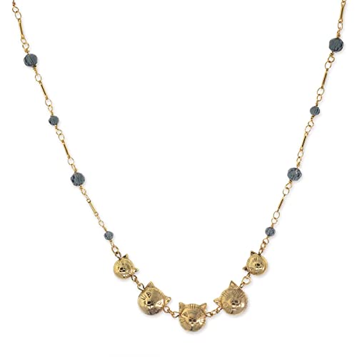 1928 Jewelry 14K Gold Dipped Cat Faces With Blue Beaded Chain Necklace 16" + 3" Extender