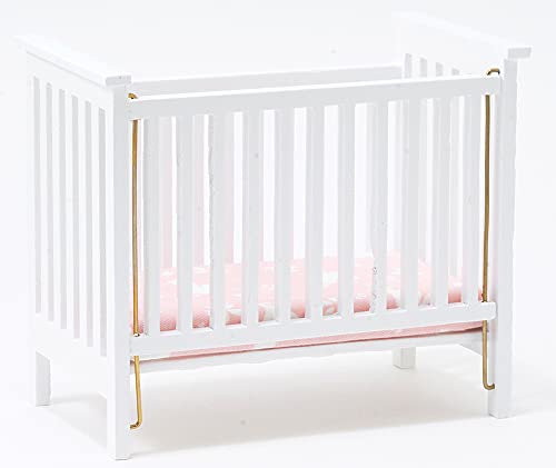 Aztec Imports Classics by Handley Dollhouse Miniature White Slatted Nursery Crib with Pink Fabric