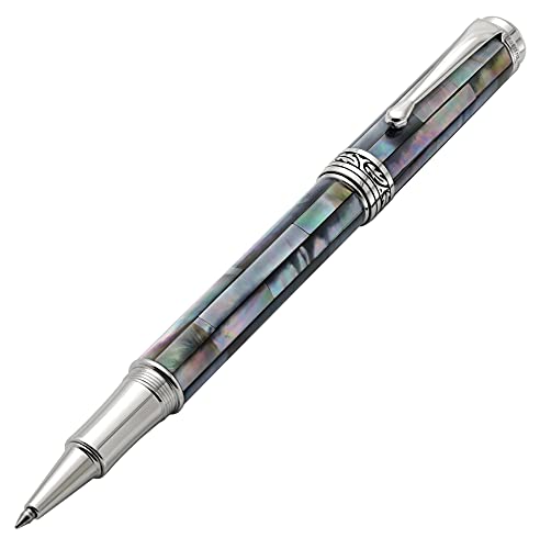 Xezo Maestro Fine Point Rollerball Pen. Handcrafted with Black Mother of Pearl. Platinum Plated. Limited Edition, Serialized. No Two Pens Alike
