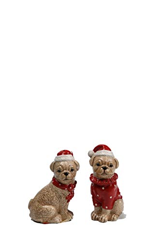 Comfy Hour Farmhouse Home Decor Collection Christmas Dog Friends Salt & Pepper Set, Brown & Red, Santa Hat, Holiday, Dolomite