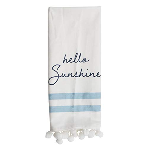 Foreside Home & Garden White Hello Sunshine 27 x 18 Inch Screen Printed Kitchen Tea Towel with Hand Sewn Poms