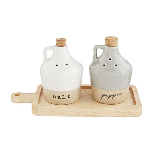 Mud Pie Stoneware Jug Salt Pepper Set, Gray, shaker 2 1/2" x 2 1/4" dia | tray 3" x 6"