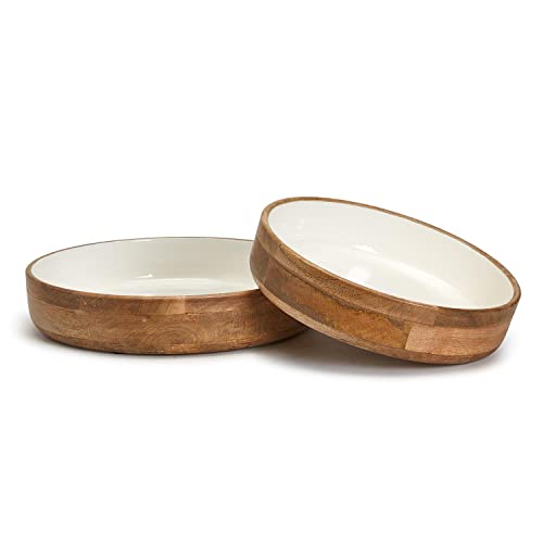 Two's Company Set of 2 Hand-Crafted Wood Round Pedestal Bowls w/Inside White Enamel