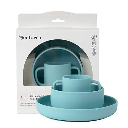 Yooforea Baby Led Weaning Supplies I Toddler Infant Baby Essentials First Stage I Baby Feeding Set - Tiny Cup, Suction Bowl & Plate I 100% Platinum Food Grade Silicone I BPA BPS PVC Free - Fog