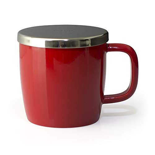 FORLIFE Dew Glossy Finish Brew-In-Mug with Basket Infuser &"Mirror" Stainless Lid 11 oz. (Red)