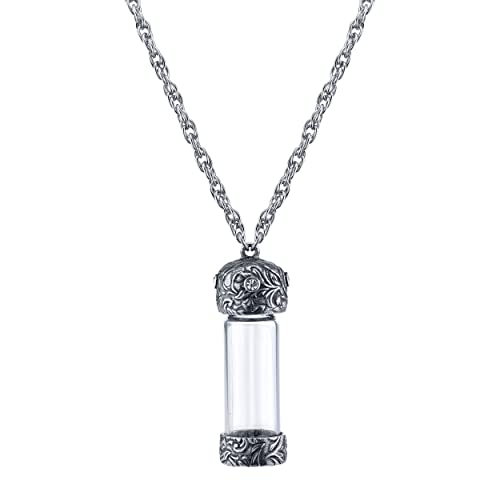 1928 Jewelry Antiqued Pewter Crystal Glass Vial Necklace 30 In