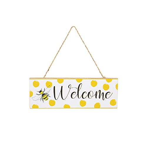 Ganz Polkadot Welcome Wall Decor with Bee, MDF, Rope, 9.88 Inches Width, 0.5 Inches Depth, 3.37 Inches Height, White, Yellow