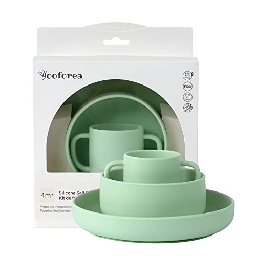 Yooforea Baby Led Weaning Supplies I Toddler Infant Baby Essentials First Stage I Baby Feeding Set - Tiny Cup, Suction Bowl & Plate I 100% Platinum Food Grade Silicone I BPA BPS PVC Free - Tea