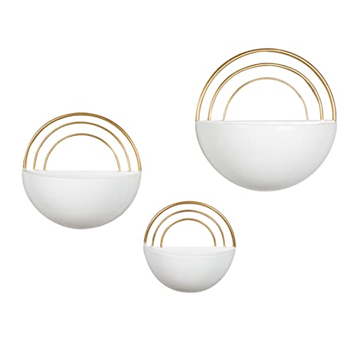 Danya B. Crescent 3-Piece Metal Wall Planter Set, Modern, White with Gold Detail Mounted Garden Decor for Real or Artificial Plants, Contemporary Style