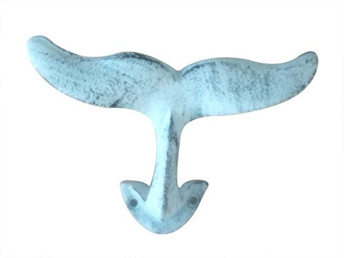 Hampton Iron Rustic Dark Blue Whitewashed Cast Iron Decorative Whale Hook 5" - Decorative Wa