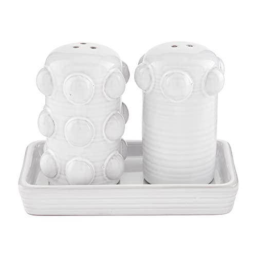 Mud Pie Beaded Salt And Pepper Set, White, shaker 3 1/4" x 1 3/4" | tray 2 1/2" x 4 3/4"