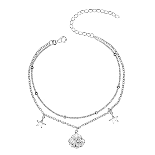 LeCalla 925 Sterling Silver Layered Sea Shell Star Beaded Adjustable Anklets for Teen Women