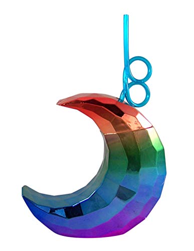 Myxx Rainbow Disco Ball Moon Shaped Cup with Swirly Straw, 6 Inch