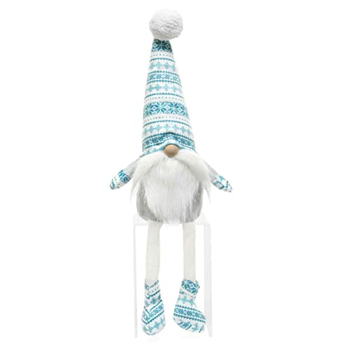 MeraVic Bleu Boy Gnome Blue & Grey & White Stripe with Pindot Body, Pom-Pom, Wood Nose, White Mustache & Beard, Floppy Legs and Boots, 17 Inches - Christmas Decoration