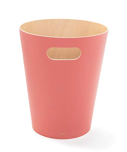 Umbra Woodrow, 2 Gallon Modern Wooden Trash Can Wastebasket or Recycling Bin for Home or Office, Coral