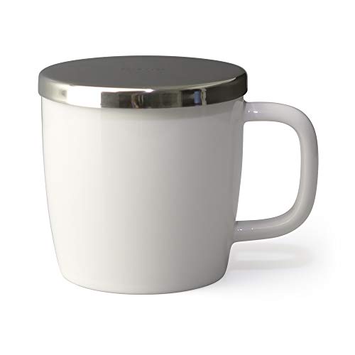 FORLIFE Dew Glossy Finish Brew-In-Mug with Basket Infuser &"Mirror" Stainless Lid 11 oz. (White)