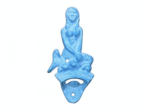 Hampton Iron Light Blue Whitewashed Wall Mounted Mermaid Bottle Opener 6"-Vintage Cast Iron Decoration