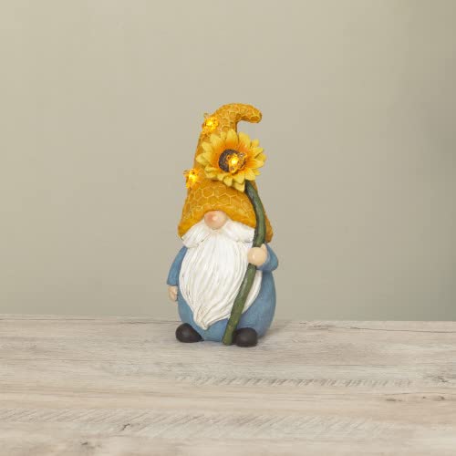 Gerson International Solar Lighted Gnome with Beehive Hat and Sunflower Figurine, 10 Inch Height, Resin