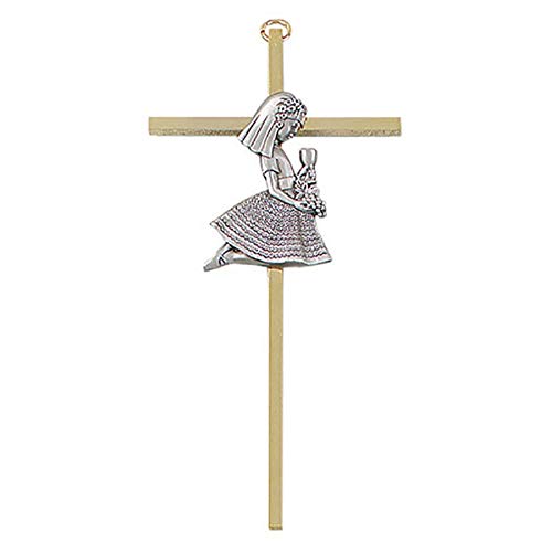 Christian Brands Gold Toned aand Pewter First Communion Decorative Hanging Wall Cross for Girls, 7 Inch