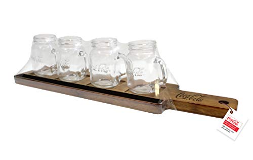 Tablecraft 123470 Coca-Cola Tasting Flight Set, Includes: (4) 4 oz Glasses & Flight Paddle, Four Glasses, Clear