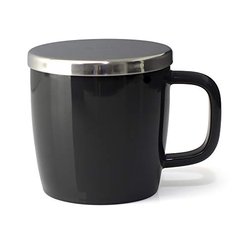 FORLIFE Dew Glossy Finish Brew-In-Mug with Basket Infuser &"Mirror" Stainless Lid 11 oz. (Black Graphite)