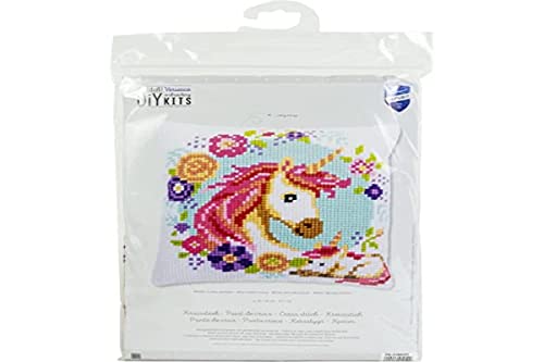 Vervaco Cross Stitch Embroidery Kits Pillow Front for Self-Embroidery with Embroidery Pattern on 100% Cotton and Embroidery Thread, 15,75 x 15,75 Inches - 40 x 40 cm, Two Unicorns