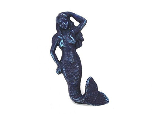 Handcrafted Nautical Decor Rustic Dark Blue Cast Iron Mermaid Hook 6" - Cast Iron Decoration - Antique Vin