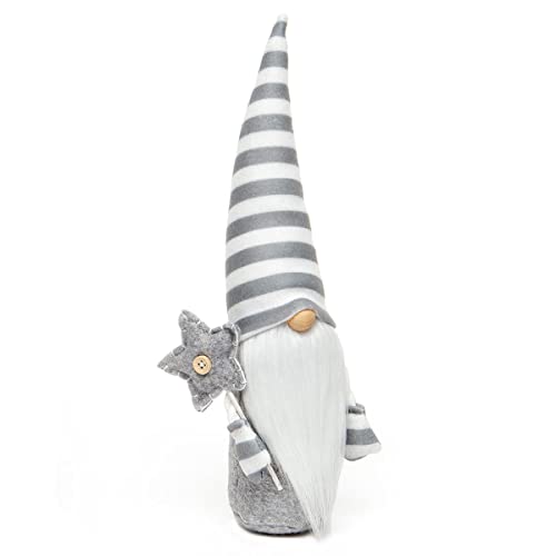 MeraVic Swiss Gnome Grey/White with Star Staff, Wired Stripe Hat Wood Nose White Beard and Rope Arms Small, 11.5 Inches, Christmas Decoration